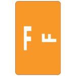 An orange rectangle with a black border features the Smead AlphaZ ACCS Color-Coded Alphabetic Label, F. Two white abstract shapes form F in varying sizes. Perfect for precise organization, with 100 labels per pack (67176).