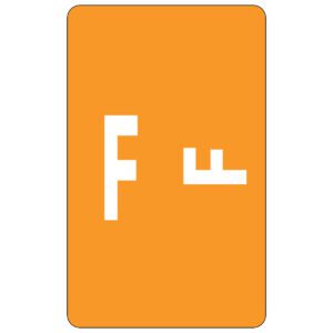An orange rectangle with a black border features the Smead AlphaZ ACCS Color-Coded Alphabetic Label, F. Two white abstract shapes form F in varying sizes. Perfect for precise organization, with 100 labels per pack (67176).
