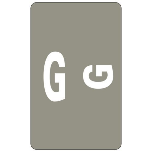 67177_C1.jpg The Smead AlphaZ ACCS Color-Coded Alphabetic Label features a gray rectangular card with rounded corners, displaying a large white uppercase G on the left and a smaller lowercase g on the right. Available in packs of 100 labels (67177).
