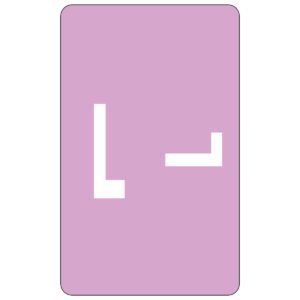 A Smead AlphaZ ACCS Color-Coded Alphabetic Label, featuring a minimalist white L in lavender on a pink background, is rotated in different directions at the top left and bottom right corners. Each deck includes 100 labels per pack (67182).