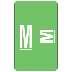 A light green card with a bold white uppercase M and a smaller inverted M below, complete with horizontal lines above, resembles the Smead AlphaZ ACCS Color-Coded Alphabetic Label (67183). It features rounded corners for a sleek look.