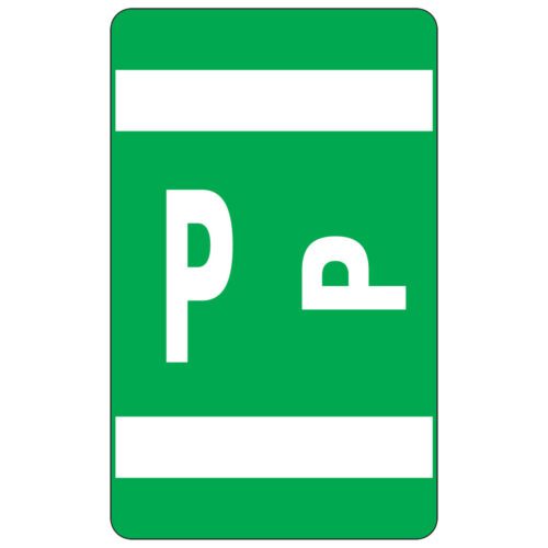 A green parking sign with two white horizontal bars displays a white P, similar to the design in Smead AlphaZ ACCS Color-Coded Alphabetic Labels, P, Dark Green, 100 per pack (67186).