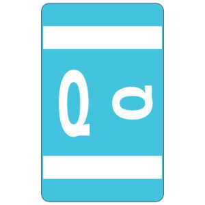 A light blue card with two white strips at the top and bottom features a prominent white Q alongside a rotated Q, similar to the Smead AlphaZ ACCS color-coded alphabetic label for an organized touch.