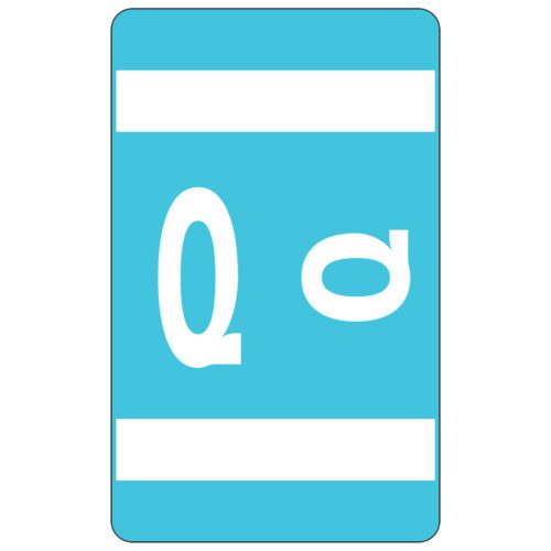 A light blue card with two white strips at the top and bottom features a prominent white Q alongside a rotated Q, similar to the Smead AlphaZ ACCS color-coded alphabetic label for an organized touch.