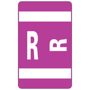 This rectangular card features a Smead AlphaZ ACCS Color-Coded Alphabetic Label (67188) with a purple background, two white horizontal bars, a large white R on the left, and a smaller partially inverted R on the right.