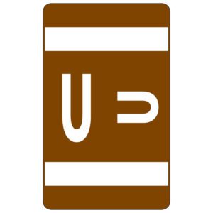 The brown rectangular sign with two white horizontal stripes resembles the Smead AlphaZ ACCS Color-Coded Alphabetic Label, U, Dark Brown (67191). In the center are two white symbols similar to a U and a reversed P.