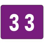The image shows a bold purple sign resembling the Smead DCCRN Color-Coded Numeric Label, 3, with large white 33 at the center, similar to a ticket from a 500 per Roll collection (67343).