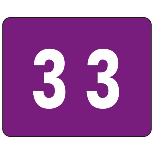 The image shows a bold purple sign resembling the Smead DCCRN Color-Coded Numeric Label, 3, with large white 33 at the center, similar to a ticket from a 500 per Roll collection (67343).