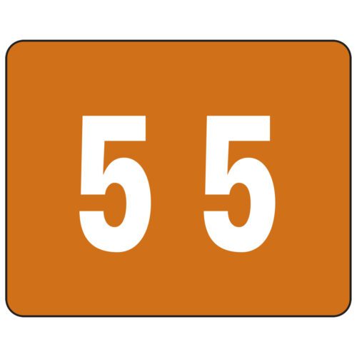 An orange rectangular sign featuring the large white number 55, similar to a Smead DCCRN Color-Coded Numeric Label, 5, on a brown label roll (67345).