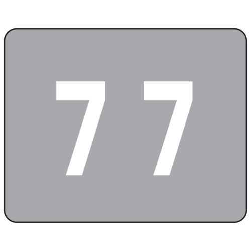A Smead DCCRN Color-Coded Numeric Label, 7 (67347), shows the number 77 in bold white font on a gray square with rounded corners, similar to a label rolls design.