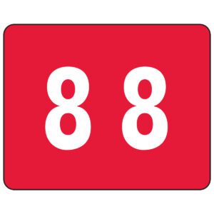Centered bold white 88 on a red square with rounded corners mirrors the Smead DCCRN Color-Coded Numeric Label, 8, Red (67348).