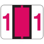 Centered between two magenta 1 numbers on a white background, theres a bold magenta rectangle with black borders, resembling designs from Smeads BCCRN Bar-Style Color-Coded Numeric Label Rolls (67371).