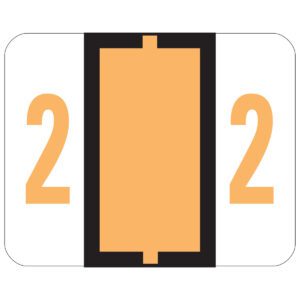 A stylized graphic featuring the number 22 in vibrant orange on a white backdrop is split by a thick vertical black bar, with an orange rectangle at its center. This design echoes the Smead BCCRN Bar-Style Color-Coded Numeric Label, 2, in Light Orange (67372).