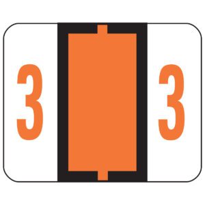 The Smead BCCRN Bar-Style Color-Coded Numeric Label, featuring a large central dark orange square with a black border and flanked by 3 in orange on white backgrounds, offers an organized and visually appealing label roll solution. This roll includes 500 labels (67373).