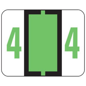 The Smead BCCRN Bar-Style Color-Coded Numeric Labels (67374) feature a symmetrical design with a vertically-centered large light green rectangle and the number 4 on both sides. The white background is framed by a black border, offering 500 labels per roll for organized labeling.