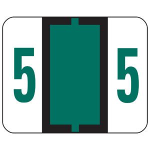 A highway sign showcases a dark green rectangle between the number 5, resembling Smead BCCRN Bar-Style Color-Coded Numeric Labels (67375), with a white background and dark green hue like impeccably printed labels from a roll of 500.