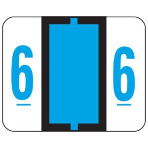 An illustration of a Smead BCCRN Label featuring a blue rectangle in the center and number six on each side, set against a white background with a black dividing border, reminiscent of meticulous label rolls.