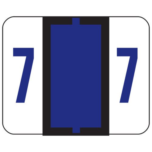 The Smead BCCRN Bar-Style Color-Coded Numeric Label, 7, features a white rectangle with 7 in blue on both sides and a vertical black rectangle accented by a wide purple strip, perfect for any label roll application. This product includes 500 labels per roll (67377).