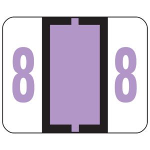 A rectangular image shows a central lavender vertical rectangle, edged with black, flanked by purple 8 on white backgrounds, resembling a roll of 500 Smead BCCRN Bar-Style Color-Coded Numeric Labels, product number 67378.