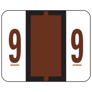 Stylized image of 99 with bold brown digits on a white background, separated by a thick vertical stripe similar to Smead BCCRN Bar-Style Color-Coded Numeric Label, 9, Brown (67379).