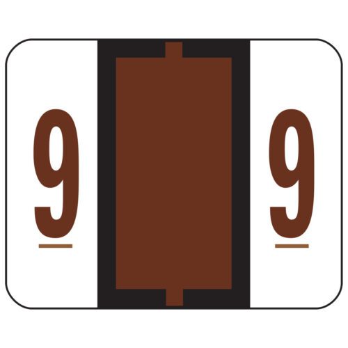 Stylized image of 99 with bold brown digits on a white background, separated by a thick vertical stripe similar to Smead BCCRN Bar-Style Color-Coded Numeric Label, 9, Brown (67379).