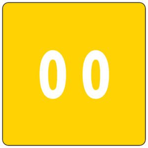 A yellow square sign with black rounded corners features the number 00 in large white numerals, similar to a Smead DCC Color-Coded Numeric Label, 0, Label Roll, Yellow (67420).