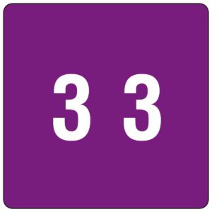 The image shows a purple square with rounded corners and a bold white 33 at its center, similar to the Smead DCC Color-Coded Numeric Label, 3, Label Roll, Purple (67423).