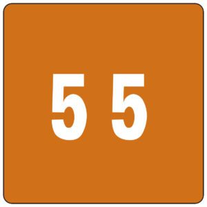 A brown Smead DCC color-coded numeric label with the number 55 in bold white digits, a thin black border, and reminiscent of a label roll design (Product 67425).
