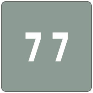 The image showcases a gray square with rounded corners, displaying the number 77 in bold white text, similar to a Smead DCC Color-Coded Numeric Label Roll (7, Gray, 67427), exemplifying precision and simplicity.
