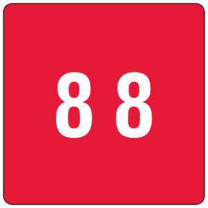 A bold red square displays the number 88 in sharp white, similar to the Smead DCC Color-Coded Numeric Label, 8, Red (67428).