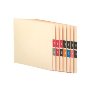 A set of beige file folders using Smead DCC Color-Coded Numeric Labels (67430) in assorted colors, showing numbered tabs from 0-9 on the side; each tab clearly displays its number, and the folders are slightly fanned to show their sequence.