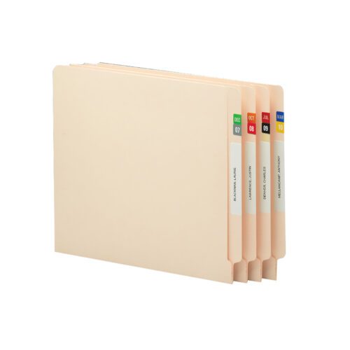67450.jpg Four beige file folders are arranged side by side, each with a Smead ETS Color-Coded Month Label Sheet, Jan.-Dec., in assorted colors (67450), featuring months like December, October, and July with vibrant tabs displaying numbers and letters.