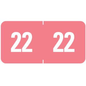 The Smead ETS Color-Coded Year Label for 2022, in vibrant pink with rounded corners and double 22 separated by a thin white line, is perfect for stylishly organizing your documents. Comes in packs of 250 (Product Code: 67922).