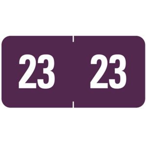 Purple rectangular Smead ETS Color-Coded Year Label sheet for 2023 with 23 printed twice in bold white font, 250 per pack (Product: 67923).