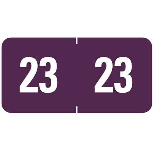 Purple rectangular Smead ETS Color-Coded Year Label sheet for 2023 with 23 printed twice in bold white font, 250 per pack (Product: 67923).