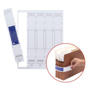 Set includes Smead Viewables Pocket Label Pulls (68001), made of paper/poly laminate. Main image shows sheets with adhesive tabs; inset displays a hand applying a blue label to brown folders, emphasizing organization. Includes 45 pocket label pulls per pack.