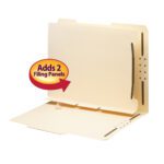 This beige expandable file folder in Manila, partially open, shows slots for additional panels with a red arrow and Adds 2 Filing Panels. Perfect for organizing with Smead Self-Adhesive Folder Divider, 1 Twin Prong Fastener, Letter Size (68025).