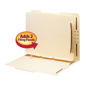 This beige expandable file folder in Manila, partially open, shows slots for additional panels with a red arrow and Adds 2 Filing Panels. Perfect for organizing with Smead Self-Adhesive Folder Divider, 1 Twin Prong Fastener, Letter Size (68025).