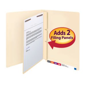 A beige letter-size folder with an open flap shows documents inside. A circular red label on a yellow background points to the flap, stating Adds 2 Filing Panels. Manila tabs are at the bottom edge, completed with a Smead Self-Adhesive Folder Divider (68027).