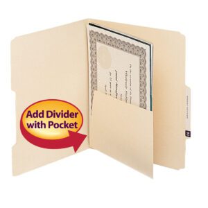 A Smead Manila Self-Adhesive Folder Divider with Pockets (68030) neatly holds a certificate, featuring a red and yellow circular label reading Add Divider with Pocket. Available in letter size, 25 per pack.