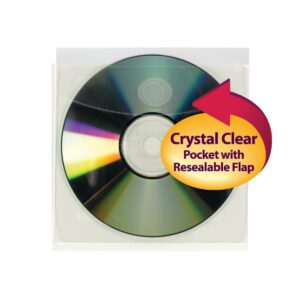 A CD fits in a Smead Self-Adhesive Poly CD/DVD Pocket, Security Flap, 5W x 4-15/16H. The clear sleeve features a label with an arrow to the flap stating Crystal Clear Pocket with Resealable Flap, and the CD reflects rainbow colors.
