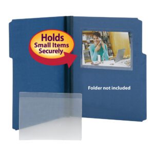A blue folder features a clear 6 x 4 Smead Self-Adhesive Poly Pocket displaying a photo of a woman on her phone and laptop, with Holds Small Items Securely pointing to the pocket. Text: Folder not included. Available in packs of 100 per Box (68164).