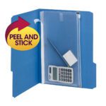 An open blue folder with a Smead Stick-N-Store? Poly Pouch 6W x 11-1/4H holds a calculator, pen, and eraser. A Peel and Stick circular sticker with a red arrow points to the pouch.