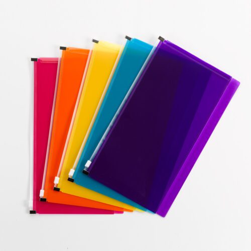A pack of five Smead Stick-N-Store™ Poly Pouches, each measuring 6W x 11-1/4H, includes pouches in vibrant transparent colors such as orange, yellow, blue, dark purple, and pink. They are displayed beautifully against a white background.