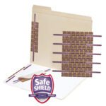 This open beige folder features the Smead Self-Adhesive Fastener (68216) with a vibrant purple SafeSHIELD® Coated Fastener offering a 2 capacity. The SafeSHIELD Coated Fasteners logo is showcased in a protective shield shape.