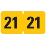 A Smead ETYJ Color-Coded Year Label from a yellow roll features the black numbers 21, separated by a vertical cut.