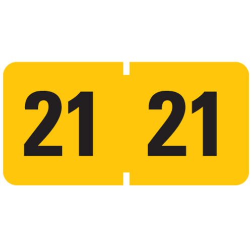 A Smead ETYJ Color-Coded Year Label from a yellow roll features the black numbers 21, separated by a vertical cut.