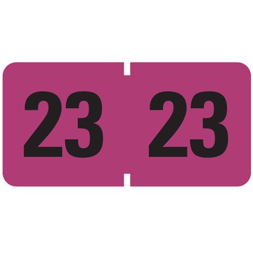 A rectangular sticker with a vibrant purple background displays 23 in bold black text twice, divided by a vertical perforation, reminiscent of the Smead ETYJ Color-Coded Year Label from label roll 68323, perfect for organizing systems.