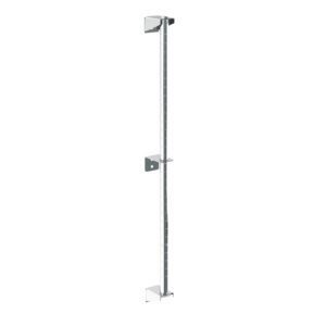 The Metro 33PDFS Super Erecta Wall Mount Post, standing at 33 H, is made of stainless steel with a vertical design and square attachments. Its segmented, shiny surface enhances elegance.