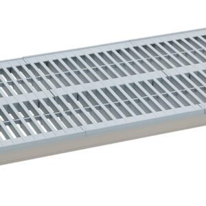 A rectangular metal floor panel with a gridded surface and blue corner accents mirrors the design of the MetroMax i MX1848G Shelf with Grid Mat, branded Maxx on one end, measuring 18 x 48.